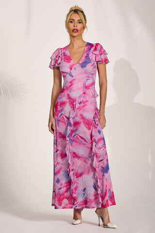 Cap Sleeve Ruffle Mesh Maxi Dress, Pink Abstract