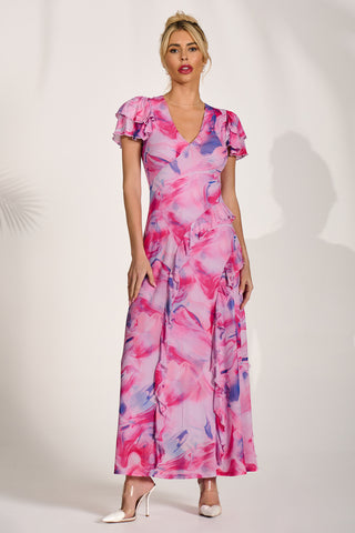 Cap Sleeve Ruffle Mesh Maxi Dress, Pink Abstract