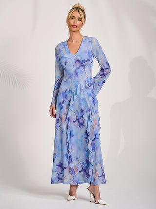 Long Sleeve Ruffle Mesh Maxi Dress, Blue Abstract
