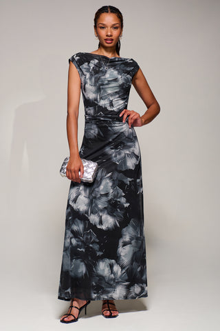 Multiway Neckline Mesh Maxi Dress, Black Abstract