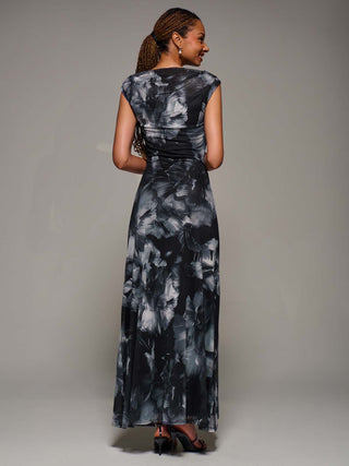 Multiway Neckline Mesh Maxi Dress, Black Abstract