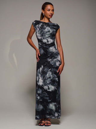 Multiway Neckline Mesh Maxi Dress, Black Abstract