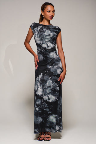 Multiway Neckline Mesh Maxi Dress, Black Abstract