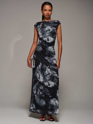 Multiway Neckline Mesh Maxi Dress, Black Abstract