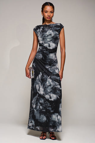 Multiway Neckline Mesh Maxi Dress, Black Abstract