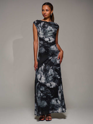 Multiway Neckline Mesh Maxi Dress, Black Abstract