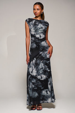 Multiway Neckline Mesh Maxi Dress, Black Abstract