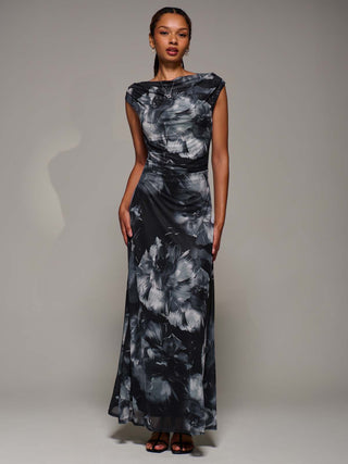 Multiway Neckline Mesh Maxi Dress, Black Abstract