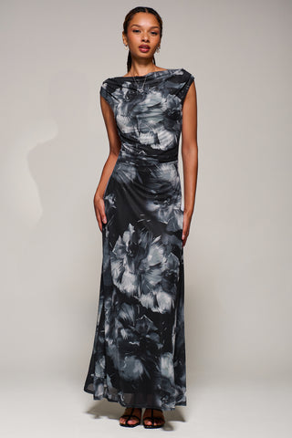 Multiway Neckline Mesh Maxi Dress, Black Abstract