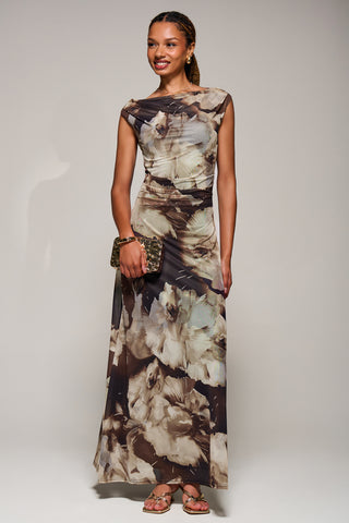 Multiway Neckline Mesh Maxi Dress, Brown Abstract