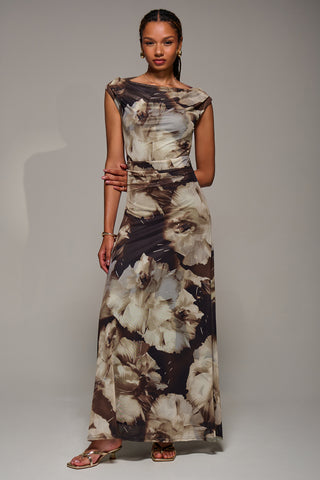 Multiway Neckline Mesh Maxi Dress, Brown Abstract