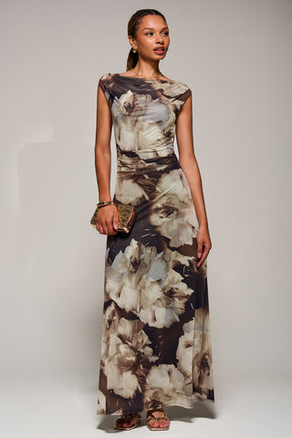 Multiway Neckline Mesh Maxi Dress, Brown Abstract