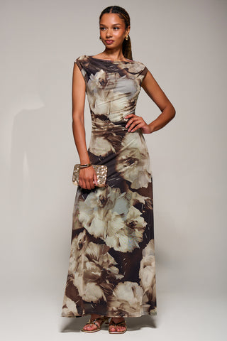 Multiway Neckline Mesh Maxi Dress, Brown Abstract