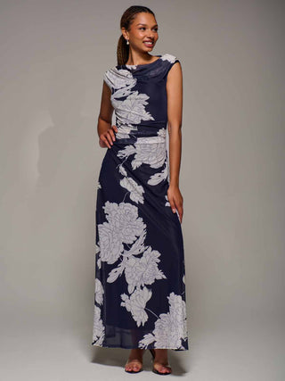 Multiway Neckline Mesh Maxi Dress, Navy Floral