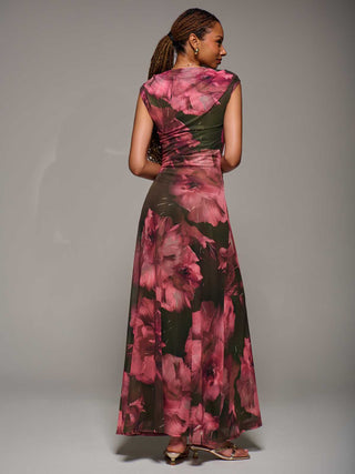 Multiway Neckline Mesh Maxi Dress, Red Abstract