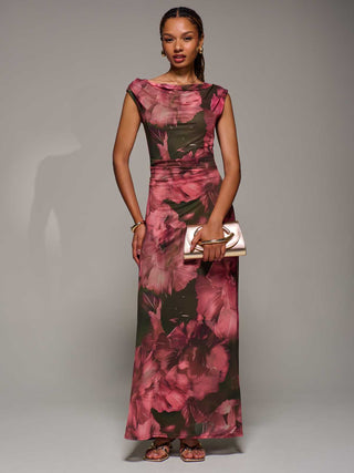 Multiway Neckline Mesh Maxi Dress, Red Abstract