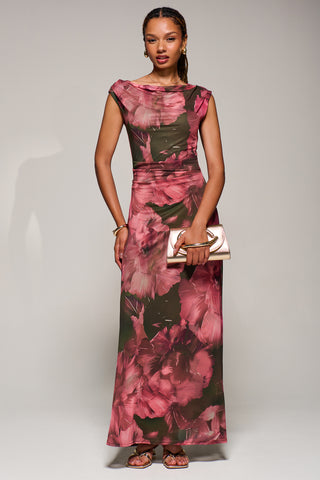 Multiway Neckline Mesh Maxi Dress, Red Abstract