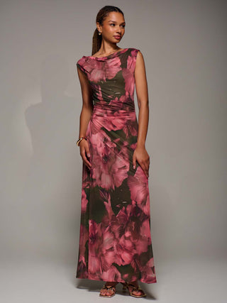 Multiway Neckline Mesh Maxi Dress, Red Abstract