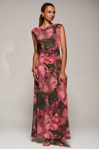 Multiway Neckline Mesh Maxi Dress, Red Abstract