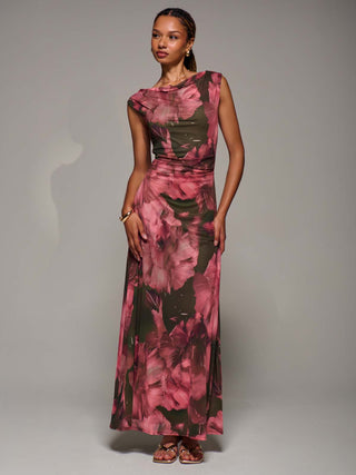 Multiway Neckline Mesh Maxi Dress, Red Abstract