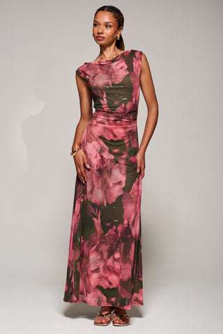 Multiway Neckline Mesh Maxi Dress, Red Abstract