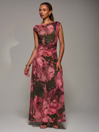 Multiway Neckline Mesh Maxi Dress, Red Abstract