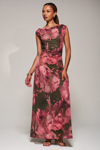 Multiway Neckline Mesh Maxi Dress, Red Abstract