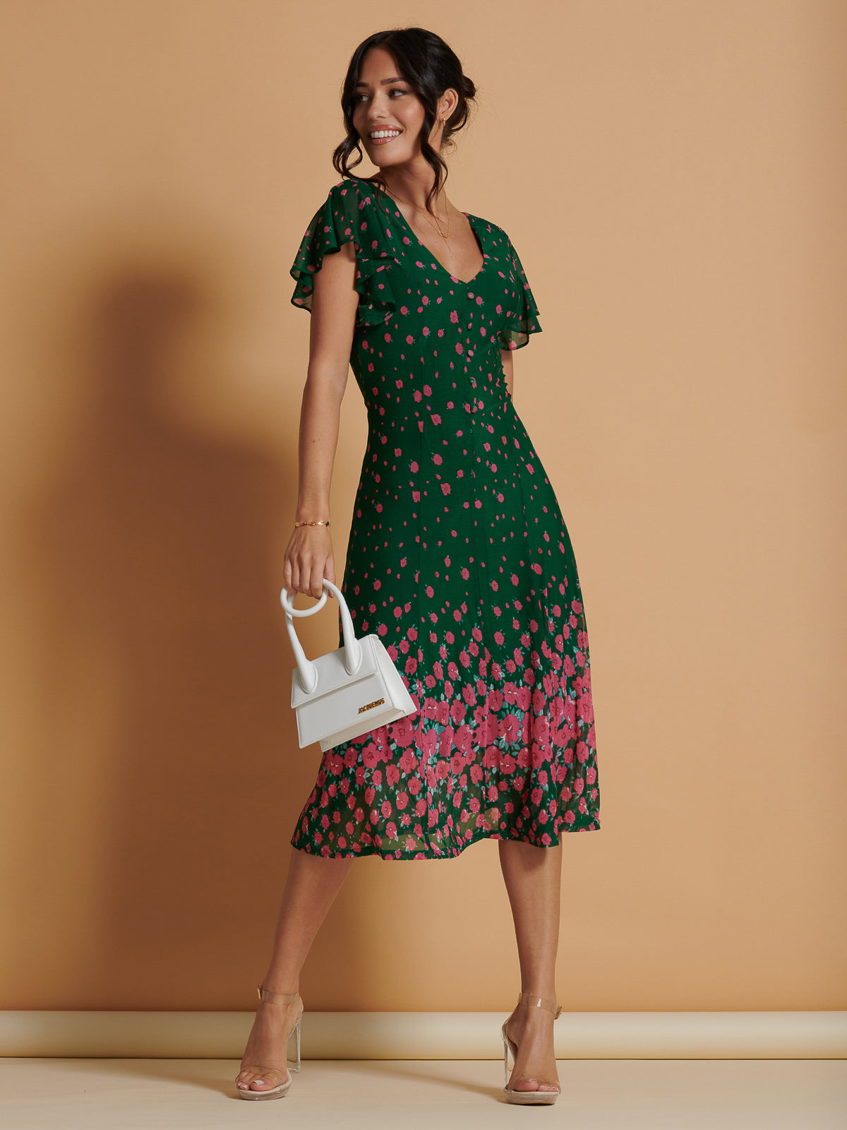 Mirrored Mesh Fit & Flare Midi Dress, Green Floral Jolie Moi Retail