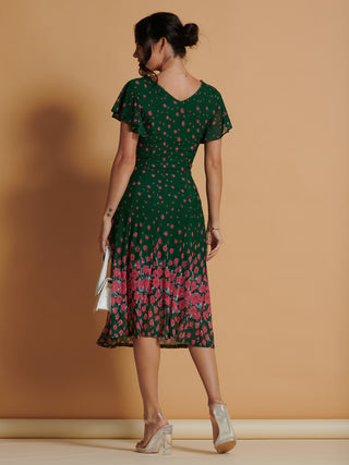 Floral Flare Gown Mirrored Mesh Fit Flare Midi Dress, Green Floral