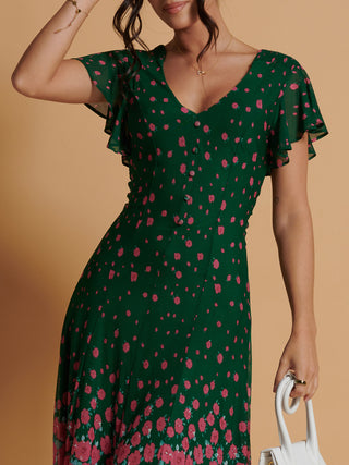 Mirrored Mesh Fit & Flare Midi Dress, Green Floral