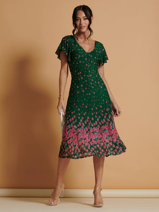 Mirrored Mesh Fit & Flare Midi Dress, Green Floral