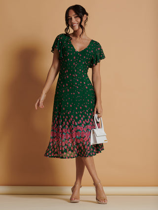 Mirrored Mesh Fit & Flare Midi Dress, Green Floral