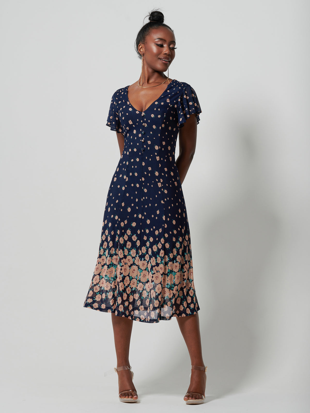 Navy floral fit and hotsell flare dress