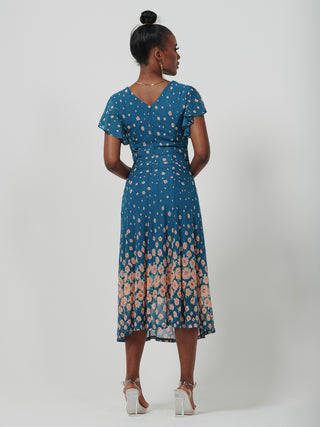 Mirrored Mesh Fit & Flare Midi Dress, Teal Floral