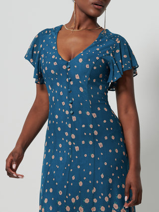 Mirrored Mesh Fit & Flare Midi Dress, Teal Floral