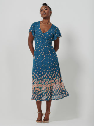 Mirrored Mesh Fit & Flare Midi Dress, Teal floral