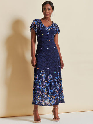 Mirrored Print Lace Maxi Dress, Blue Multi