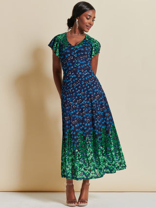 Mirrored Print Lace Maxi Dress, Green Multi