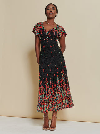 Mirrored Print Lace Maxi Dress, Red Multi