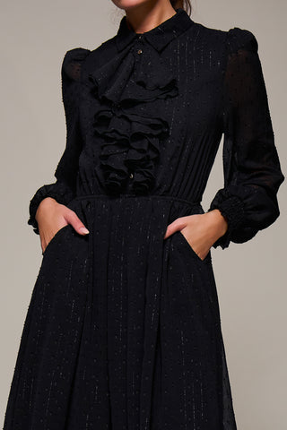 Textured Chiffon Ruffle Shirt Dress, Black