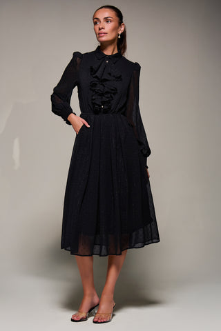 Textured Chiffon Ruffle Shirt Dress, Black