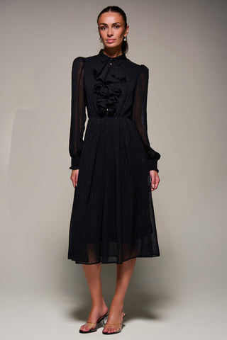 Textured Chiffon Ruffle Shirt Dress, Black