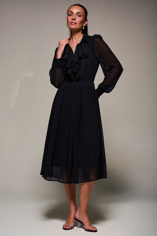 Textured Chiffon Ruffle Shirt Dress, Black