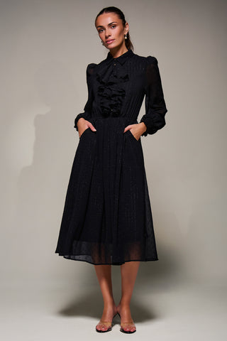 Textured Chiffon Ruffle Shirt Dress, Black