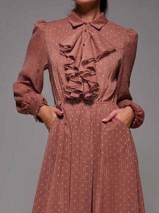 Textured Chiffon Ruffle Shirt Dress Dark Pink