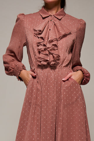 Textured Chiffon Ruffle Shirt Dress Dark Pink