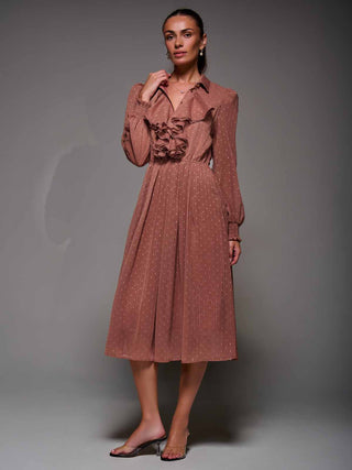 Textured Chiffon Ruffle Shirt Dress Dark Pink