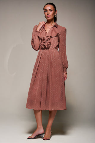 Textured Chiffon Ruffle Shirt Dress Dark Pink