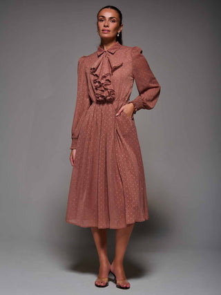 Textured Chiffon Ruffle Shirt Dress Dark Pink