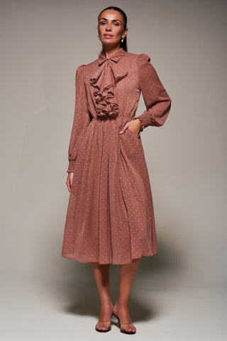 Textured Chiffon Ruffle Shirt Dress Dark Pink